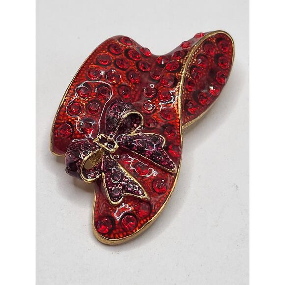 Red Rhinestone Red Hat Society Brooch Pendant Gold Tone with Bow 2.25" x 1 1/8" - Picture 4 of 5